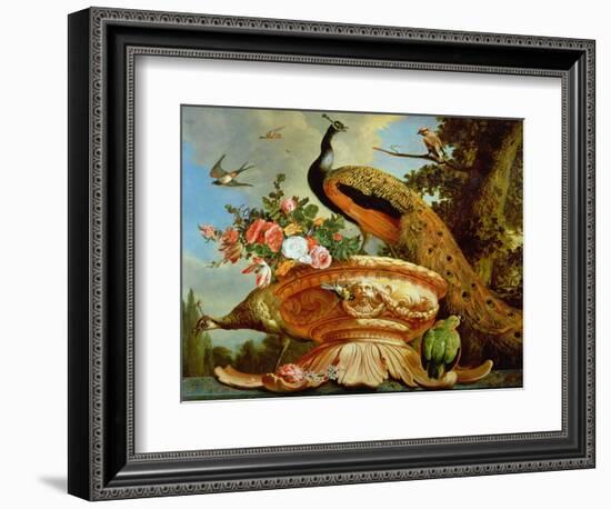 A Peacock on a Decorative Urn-Melchior de Hondecoeter-Framed Giclee Print