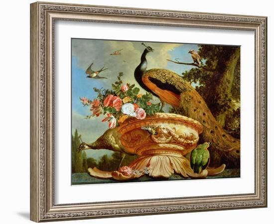 A Peacock on a Decorative Urn-Melchior de Hondecoeter-Framed Giclee Print