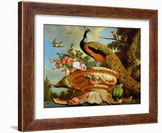 A Peacock on a Decorative Urn-Melchior de Hondecoeter-Framed Giclee Print