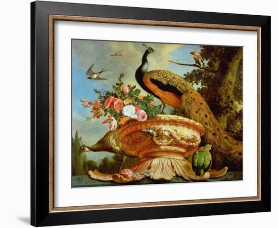 A Peacock on a Decorative Urn-Melchior de Hondecoeter-Framed Giclee Print