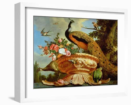 A Peacock on a Decorative Urn-Melchior de Hondecoeter-Framed Giclee Print