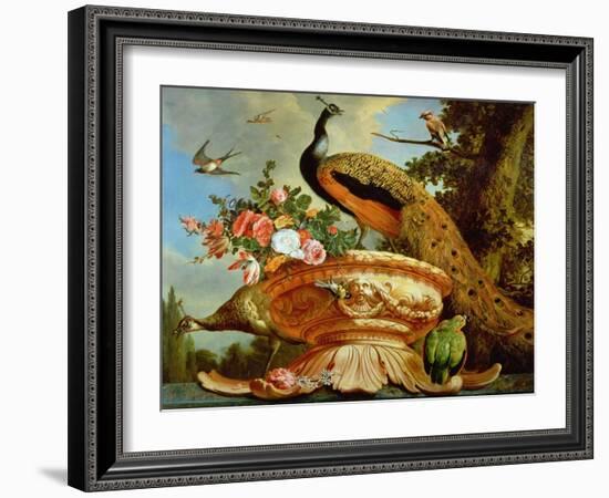 A Peacock on a Decorative Urn-Melchior de Hondecoeter-Framed Giclee Print