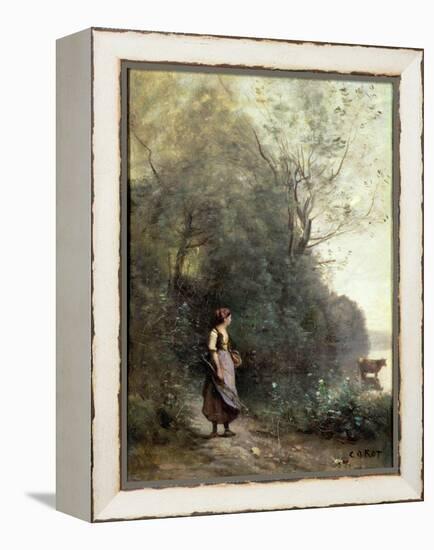 A Peasant Woman Grazing a Cow at the Edge of a Forest-Jean-Baptiste-Camille Corot-Framed Premier Image Canvas