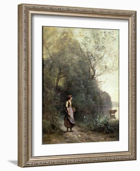 A Peasant Woman Grazing a Cow at the Edge of a Forest-Jean-Baptiste-Camille Corot-Framed Giclee Print