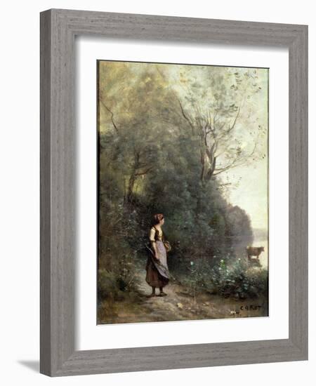 A Peasant Woman Grazing a Cow at the Edge of a Forest-Jean-Baptiste-Camille Corot-Framed Giclee Print