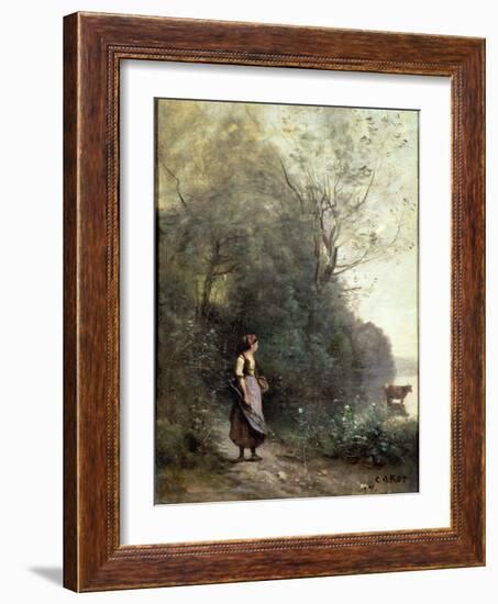 A Peasant Woman Grazing a Cow at the Edge of a Forest-Jean-Baptiste-Camille Corot-Framed Giclee Print