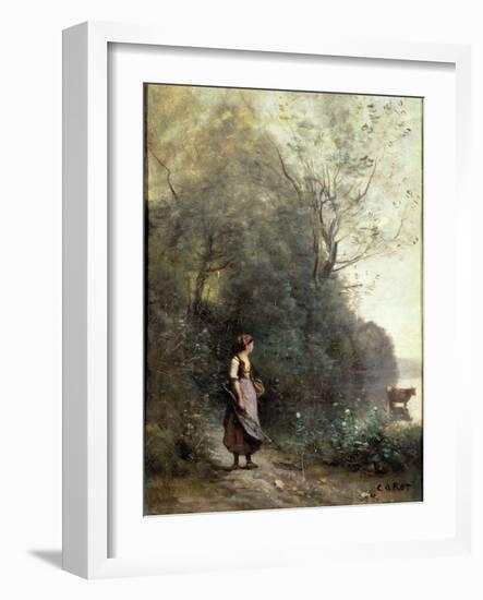 A Peasant Woman Grazing a Cow at the Edge of a Forest-Jean-Baptiste-Camille Corot-Framed Giclee Print