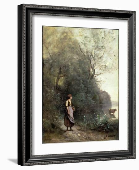 A Peasant Woman Grazing a Cow at the Edge of a Forest-Jean-Baptiste-Camille Corot-Framed Giclee Print