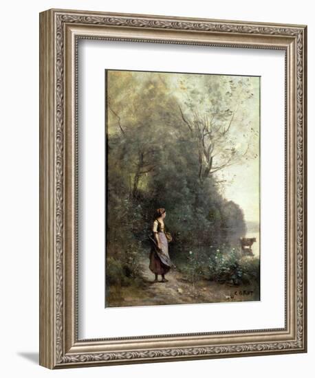 A Peasant Woman Grazing a Cow at the Edge of a Forest-Jean-Baptiste-Camille Corot-Framed Premium Giclee Print