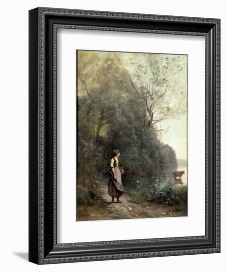 A Peasant Woman Grazing a Cow at the Edge of a Forest-Jean-Baptiste-Camille Corot-Framed Premium Giclee Print