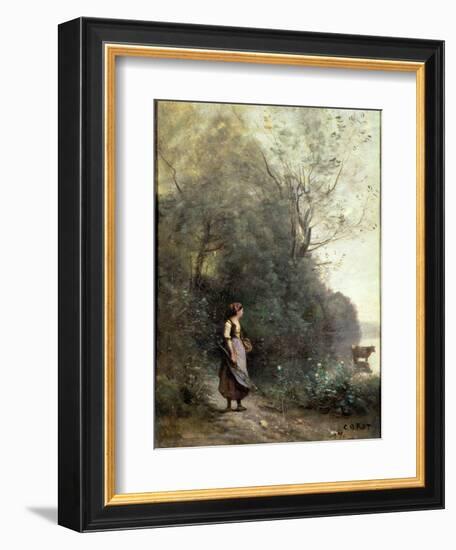 A Peasant Woman Grazing a Cow at the Edge of a Forest-Jean-Baptiste-Camille Corot-Framed Premium Giclee Print