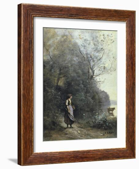 A Peasant Woman Grazing a Cow at the Edge of a Forest-Jean-Baptiste-Camille Corot-Framed Art Print