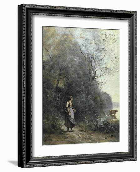 A Peasant Woman Grazing a Cow at the Edge of a Forest-Jean-Baptiste-Camille Corot-Framed Art Print