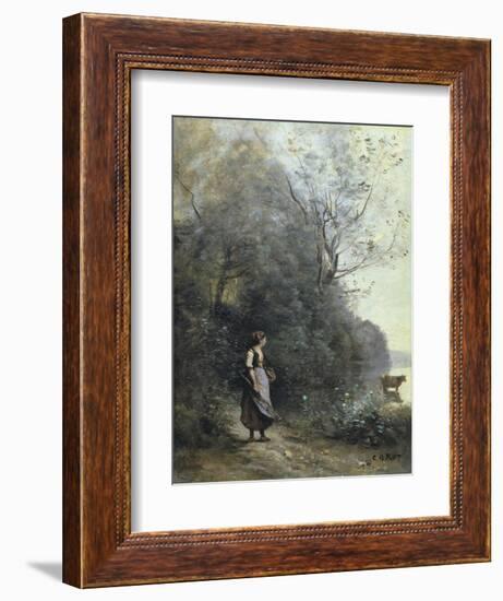 A Peasant Woman Grazing a Cow at the Edge of a Forest-Jean-Baptiste-Camille Corot-Framed Art Print