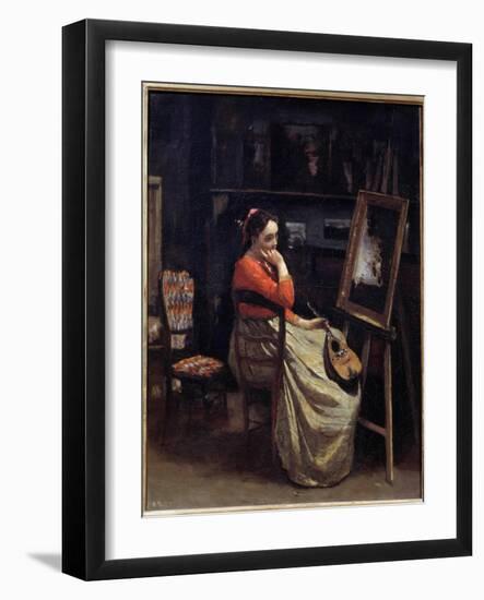 A Pensive Young Woman, a Mandolin in His Hand, in the Studio of the Painter Painting by Camille Cor-Jean Baptiste Camille Corot-Framed Giclee Print