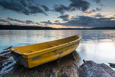 Yellow Rowing Boat on the Shore of a Lake in Bermagui, Australia at Sunset-A Periam Photography-Photographic Print