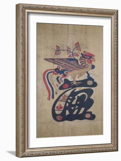 A Phoenix Perched on a Large Stylised Character Among Flowers and Foliage-null-Framed Giclee Print
