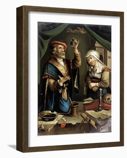 A Physician Examining A Flask Of Urine Brought By A Young Woman-Gerrit Dou-Framed Art Print