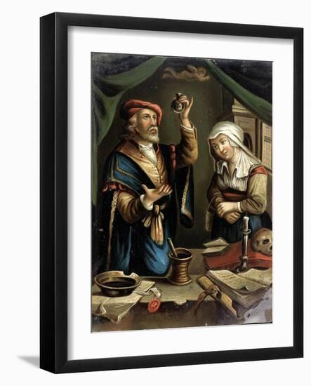A Physician Examining A Flask Of Urine Brought By A Young Woman-Gerrit Dou-Framed Art Print