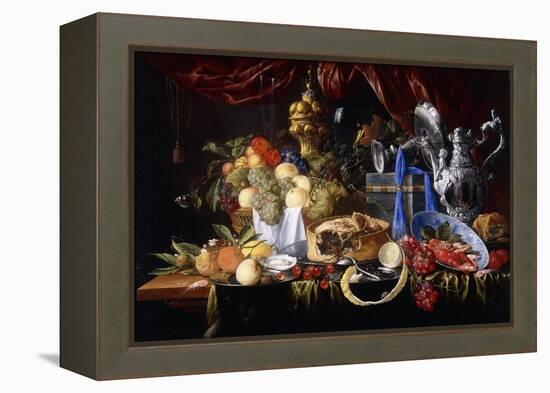 A Pie on a Pewter Plate, a Partly Peeled Lemon, a Silver Spoon on a Pewter Plate, Crayfish and…-Jan Davidsz de Heem-Framed Premier Image Canvas