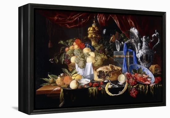 A Pie on a Pewter Plate, a Partly Peeled Lemon, a Silver Spoon on a Pewter Plate, Crayfish and…-Jan Davidsz de Heem-Framed Premier Image Canvas