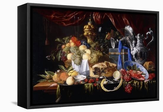 A Pie on a Pewter Plate, a Partly Peeled Lemon, a Silver Spoon on a Pewter Plate, Crayfish and…-Jan Davidsz de Heem-Framed Premier Image Canvas