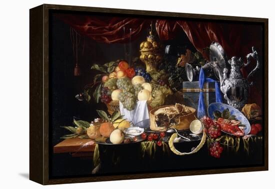 A Pie on a Pewter Plate, a Partly Peeled Lemon, a Silver Spoon on a Pewter Plate, Crayfish and…-Jan Davidsz de Heem-Framed Premier Image Canvas