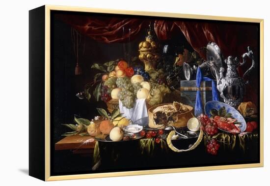 A Pie on a Pewter Plate, a Partly Peeled Lemon, a Silver Spoon on a Pewter Plate, Crayfish and…-Jan Davidsz de Heem-Framed Premier Image Canvas