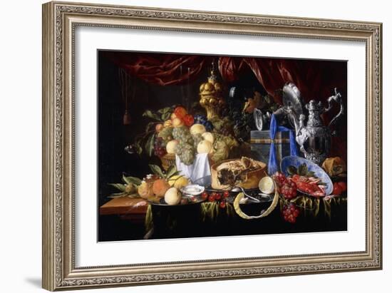 A Pie on a Pewter Plate, a Partly Peeled Lemon, a Silver Spoon on a Pewter Plate, Crayfish and…-Jan Davidsz de Heem-Framed Giclee Print