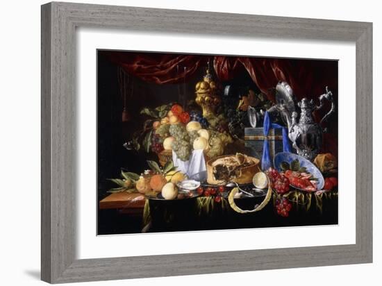 A Pie on a Pewter Plate, a Partly Peeled Lemon, a Silver Spoon on a Pewter Plate, Crayfish and…-Jan Davidsz de Heem-Framed Giclee Print