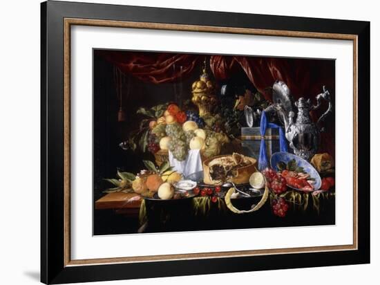 A Pie on a Pewter Plate, a Partly Peeled Lemon, a Silver Spoon on a Pewter Plate, Crayfish and…-Jan Davidsz de Heem-Framed Giclee Print