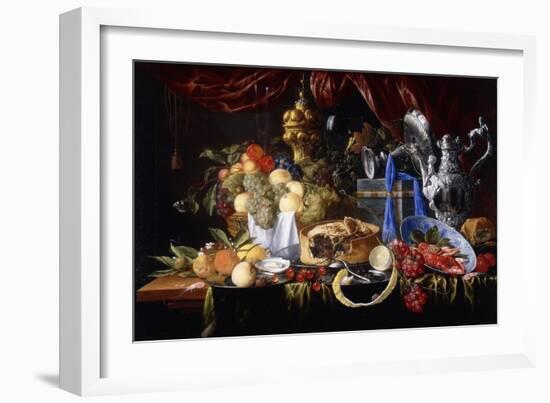 A Pie on a Pewter Plate, a Partly Peeled Lemon, a Silver Spoon on a Pewter Plate, Crayfish and…-Jan Davidsz de Heem-Framed Giclee Print