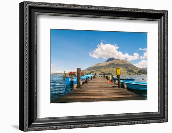 A pier and boat on Lago San Pablo, at the base of Volcan Imbabura, close to the famous market town-Alexandre Rotenberg-Framed Photographic Print