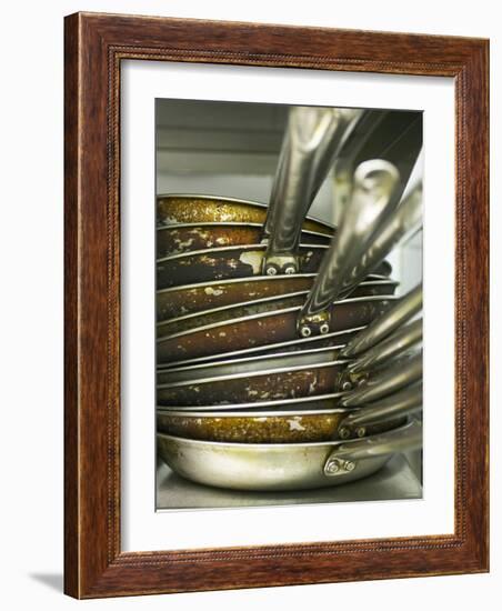 A Pile of Frying Pans in a Commercial Kitchen-Herbert Lehmann-Framed Photographic Print