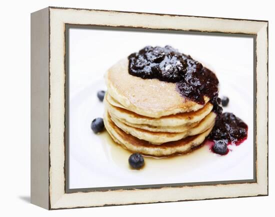 A Pile of Pancakes with Blueberry Sauce and Maple Syrup-Gerrit Buntrock-Framed Premier Image Canvas