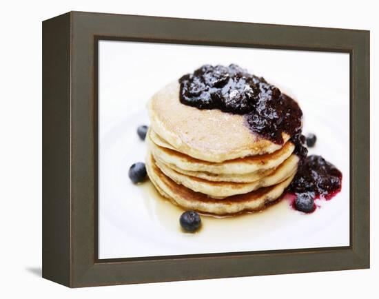 A Pile of Pancakes with Blueberry Sauce and Maple Syrup-Gerrit Buntrock-Framed Premier Image Canvas