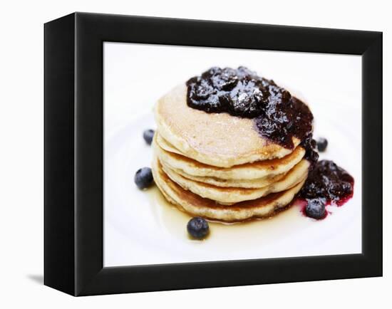 A Pile of Pancakes with Blueberry Sauce and Maple Syrup-Gerrit Buntrock-Framed Premier Image Canvas