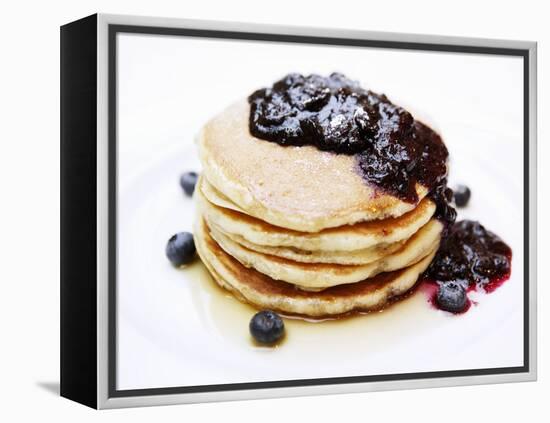 A Pile of Pancakes with Blueberry Sauce and Maple Syrup-Gerrit Buntrock-Framed Premier Image Canvas