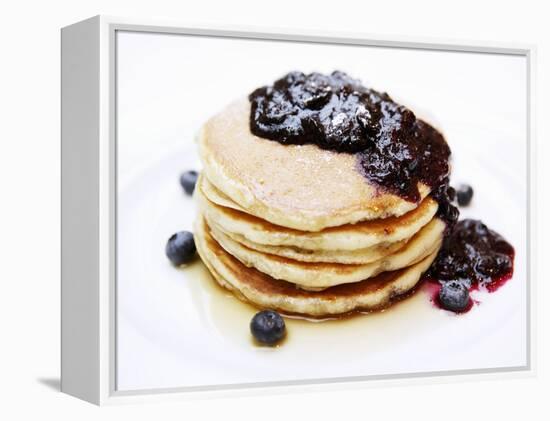 A Pile of Pancakes with Blueberry Sauce and Maple Syrup-Gerrit Buntrock-Framed Premier Image Canvas