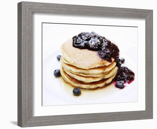 A Pile of Pancakes with Blueberry Sauce and Maple Syrup-Gerrit Buntrock-Framed Photographic Print