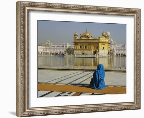 A Pilgrim in Blue Sits by the Holy Pool of Nectar at the Golden Temple, Punjab, India-Jeremy Bright-Framed Photographic Print