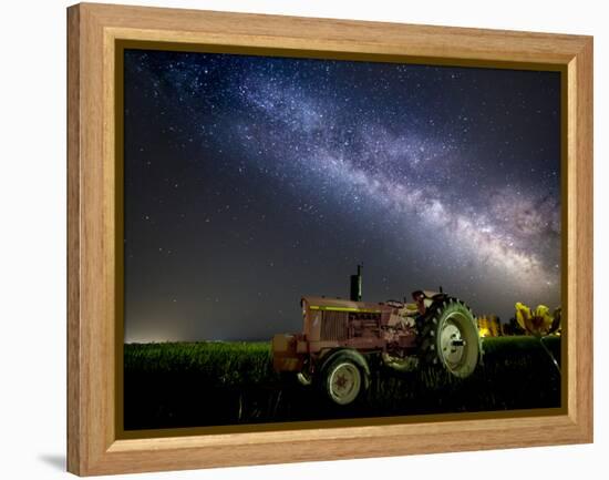 A Pink Tractor (With a Breast-Cancer Awareness Ribbon) Sits Beneath the Milky Way in a Tulip Field-Ben Coffman-Framed Premier Image Canvas