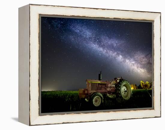 A Pink Tractor (With a Breast-Cancer Awareness Ribbon) Sits Beneath the Milky Way in a Tulip Field-Ben Coffman-Framed Premier Image Canvas