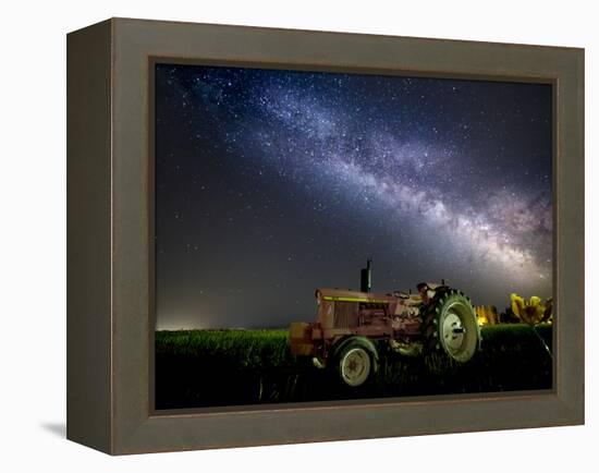 A Pink Tractor (With a Breast-Cancer Awareness Ribbon) Sits Beneath the Milky Way in a Tulip Field-Ben Coffman-Framed Premier Image Canvas