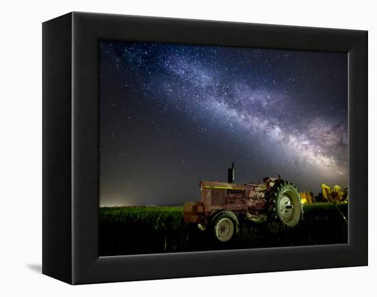 A Pink Tractor (With a Breast-Cancer Awareness Ribbon) Sits Beneath the Milky Way in a Tulip Field-Ben Coffman-Framed Premier Image Canvas