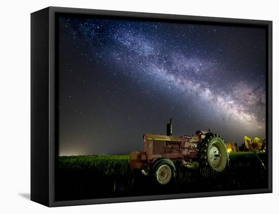 A Pink Tractor (With a Breast-Cancer Awareness Ribbon) Sits Beneath the Milky Way in a Tulip Field-Ben Coffman-Framed Premier Image Canvas