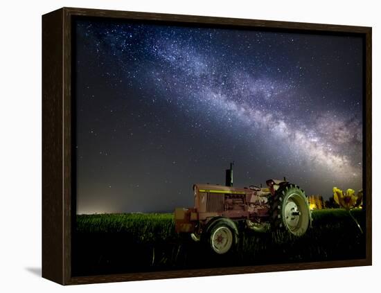 A Pink Tractor (With a Breast-Cancer Awareness Ribbon) Sits Beneath the Milky Way in a Tulip Field-Ben Coffman-Framed Premier Image Canvas