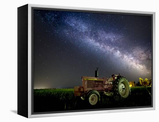 A Pink Tractor (With a Breast-Cancer Awareness Ribbon) Sits Beneath the Milky Way in a Tulip Field-Ben Coffman-Framed Premier Image Canvas