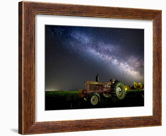 A Pink Tractor (With a Breast-Cancer Awareness Ribbon) Sits Beneath the Milky Way in a Tulip Field-Ben Coffman-Framed Photographic Print