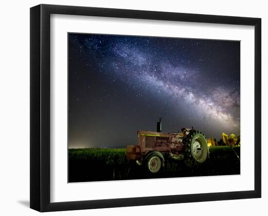 A Pink Tractor (With a Breast-Cancer Awareness Ribbon) Sits Beneath the Milky Way in a Tulip Field-Ben Coffman-Framed Photographic Print